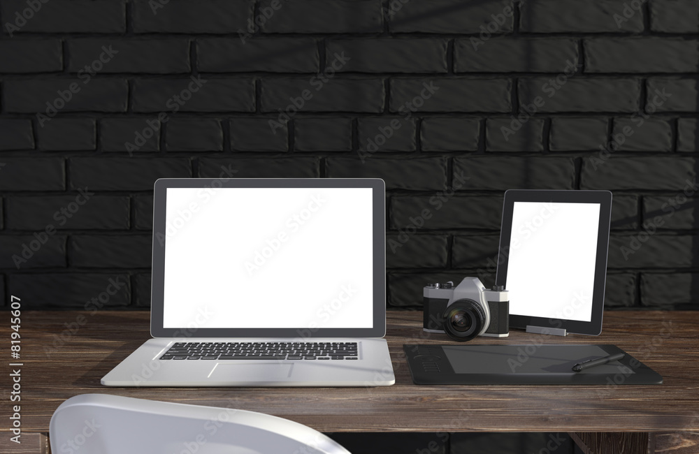 3D illustration laptopand work stuff on table near brick wall 3D illustration laptopand work stuff on table near brick wall