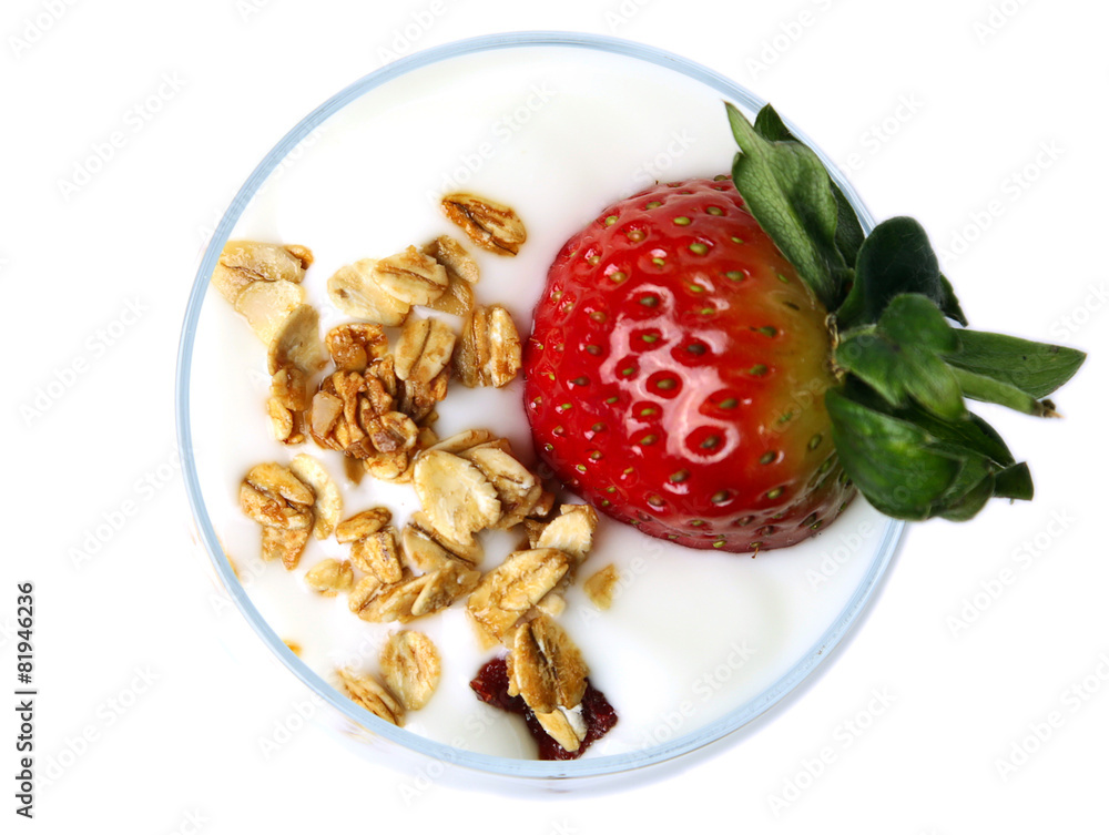 Yogurt dessert with strawberry. Top view.