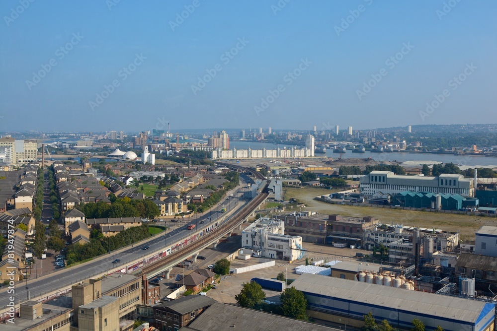 Aerial view over Docklands, London, England