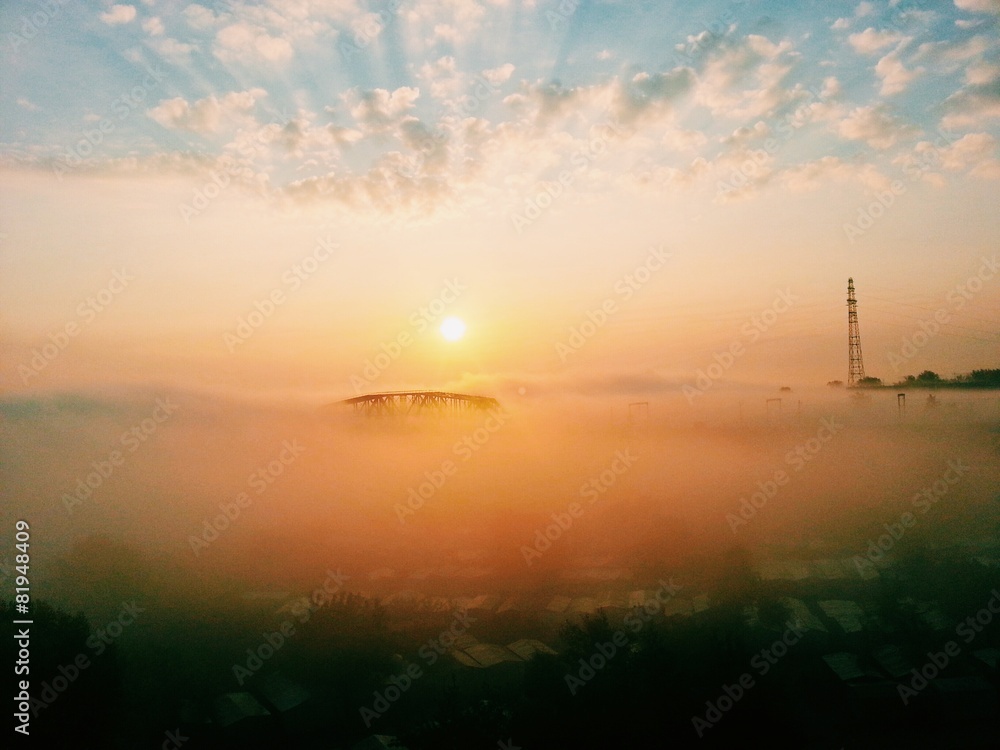 Beauty sunrise with fog on river