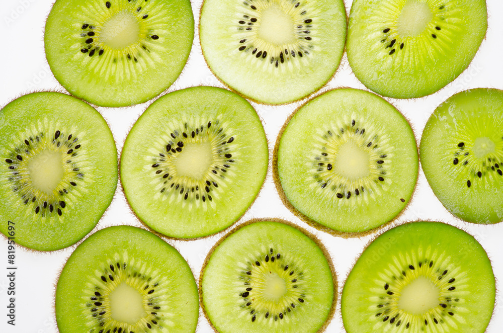 sliced of green kiwi fruit kiwi fruit on white background