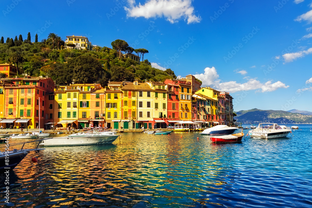 Portofino luxury village landmark, bay harbor view. Liguria, Ita