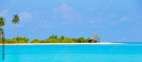 Perfect island with white beach, turquoise water and green palms © travnikovstudio