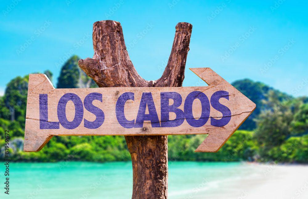 Los Cabos wooden sign with beach background