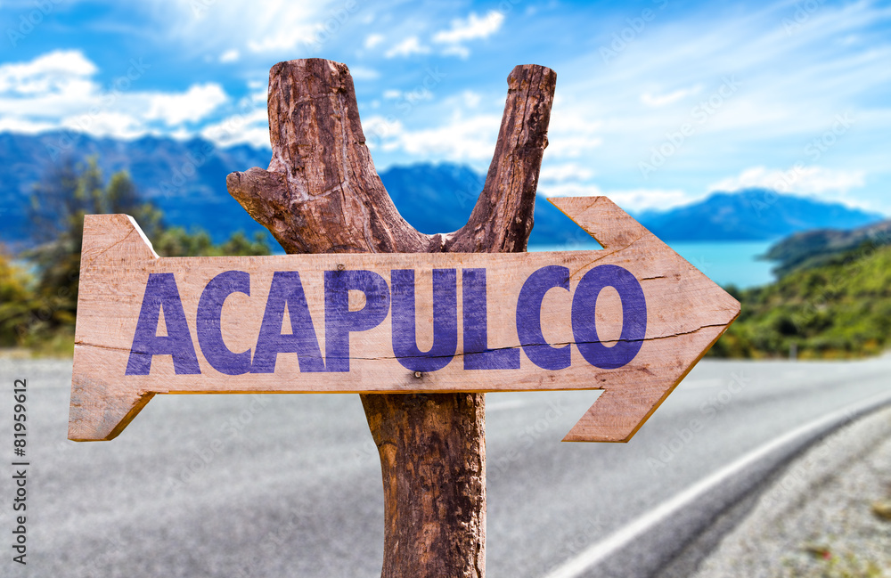 Acapulco wooden sign with road background