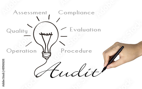 audit word and bulb icon drawn by human hand