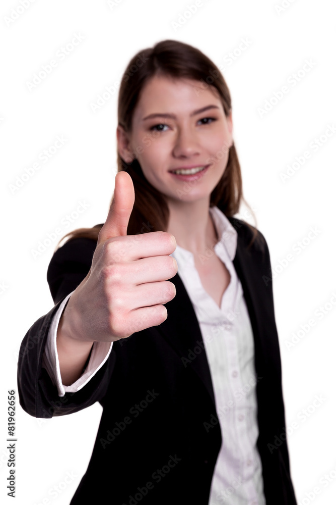Businesswoman or student showing thumbs up sign stock image Businesswoman or student showing thumbs up sign stock image