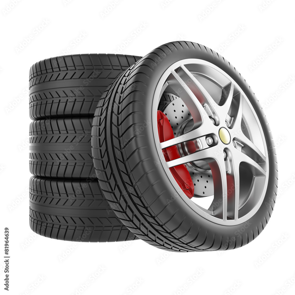Sports car wheels isolated on white background.