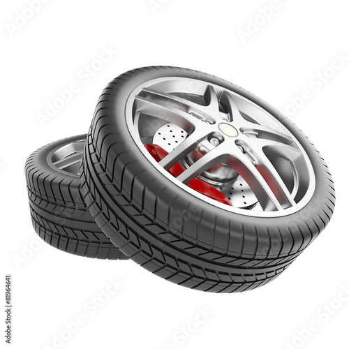 Sports car wheels isolated on white background.