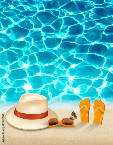 Vacation background with blue sea, a hat and sunglasses. Vector.