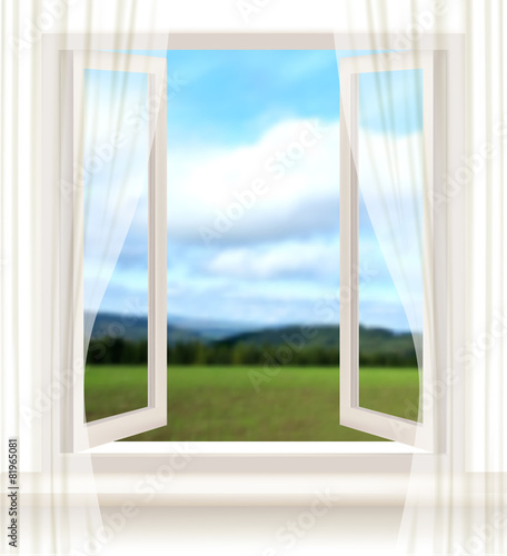 Background with an open window and a landscape. Vector.