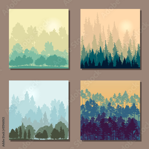set of different landscapes with trees an rising sun