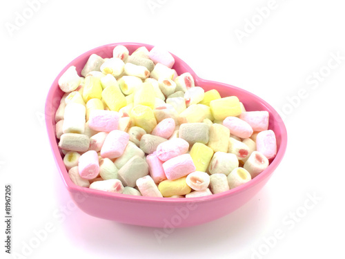 lots of little marshmallow in pink heart bowl