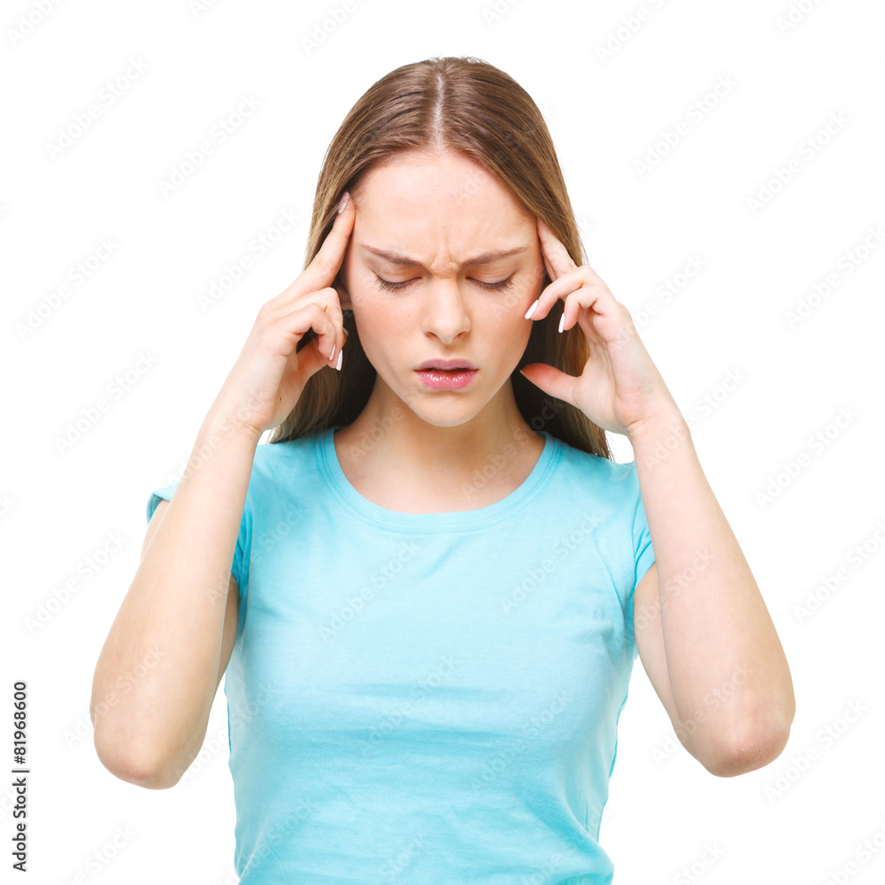 Young beautiful woman with headache isolated on white. Young beautiful woman with headache isolated on white.