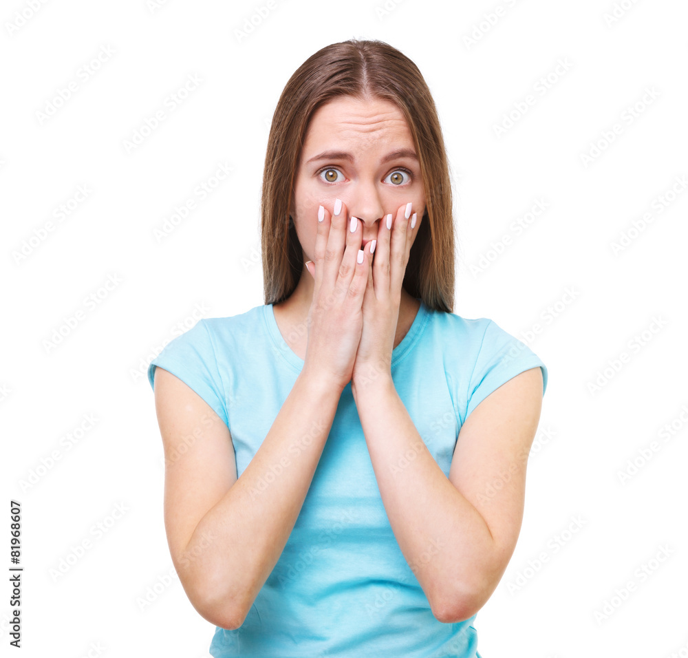Portrait of young surprised woman isolated on white. Portrait of young surprised woman isolated on white.