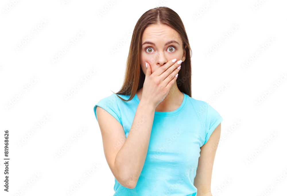 Portrait of young surprised woman isolated on white. Portrait of young surprised woman isolated on white.