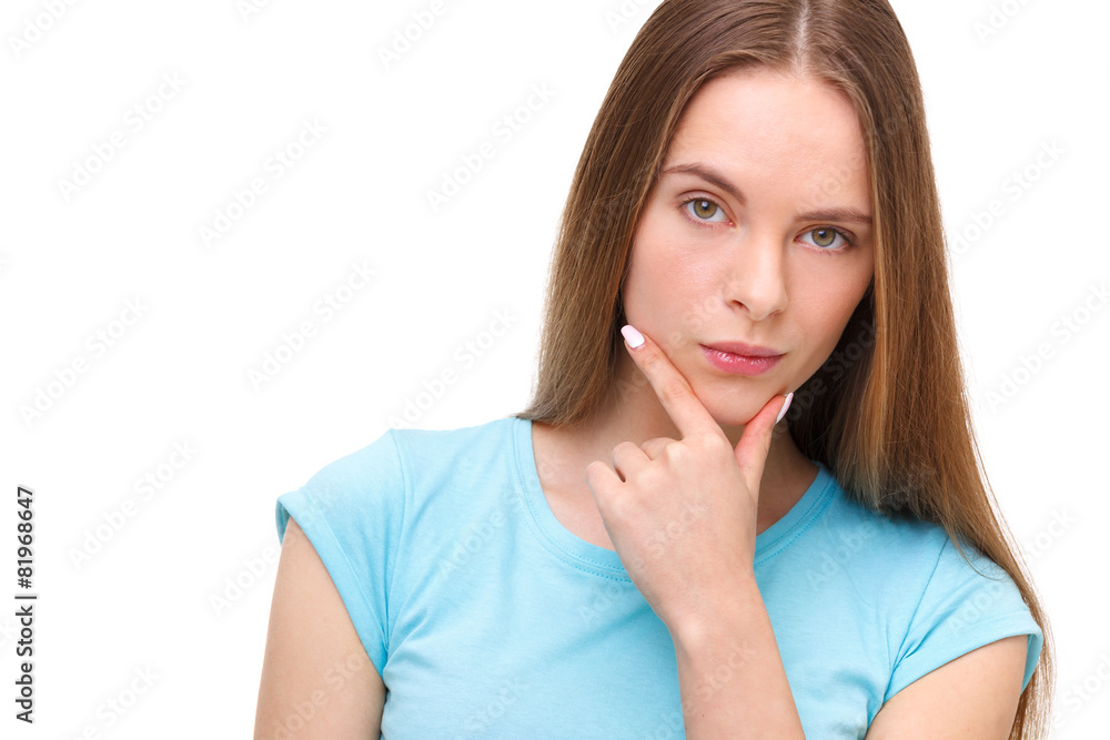 Beautiful thoughtful woman thinking - isolated on white. Beautiful thoughtful woman thinking - isolated on white.