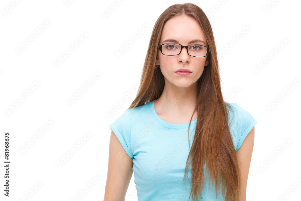 Beautiful young woman with glasses portrait isolated on white. Beautiful young woman with glasses portrait isolated on white.