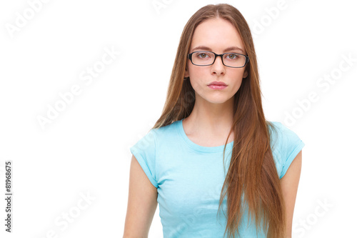 Beautiful young woman with glasses portrait isolated on white.