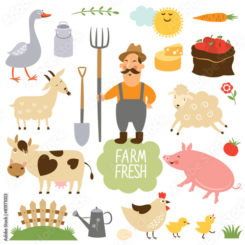 Vector illustration of farm animals and related items