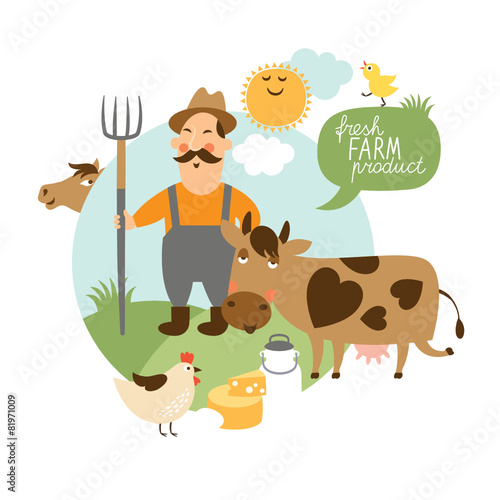 Vector illustration. Farmer , cattle farm ,fresh natural product