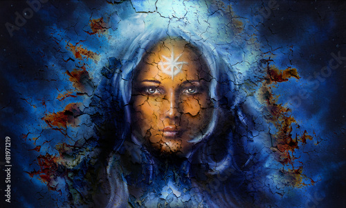 Canvas Print mystic face women, with structure crackle background effect