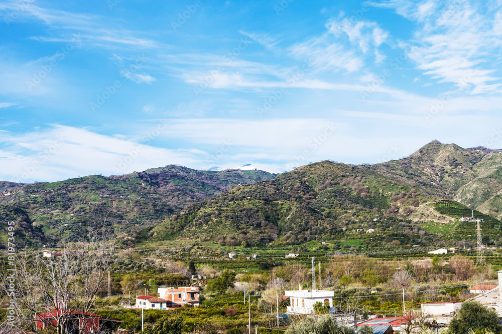 suburb of town Gaggi in green hills, Sicily, Italy