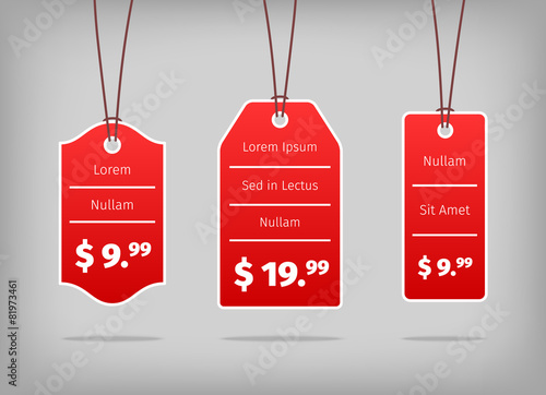 Red hanging pricing tags or labels with white prices