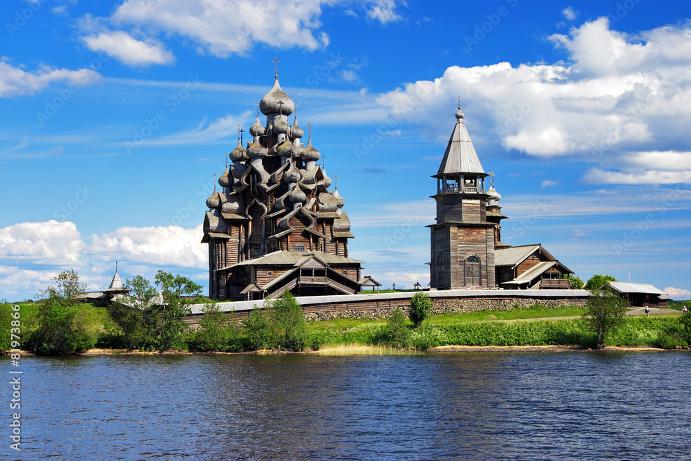 Wooden churches on island Kizhi on lake Onega, Russia