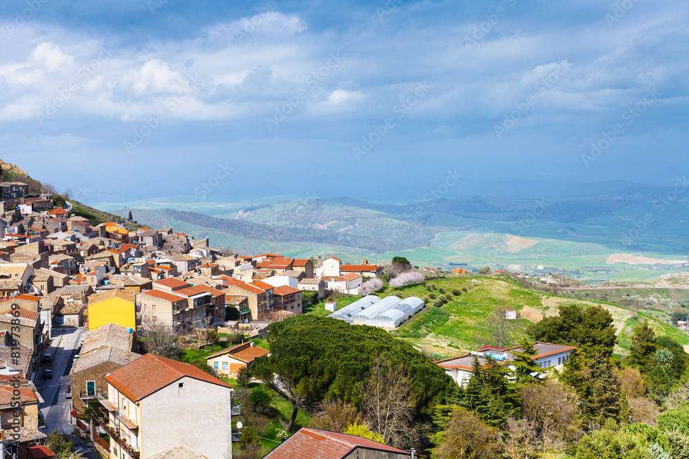 above view of Aidone comune in Sicily in spring