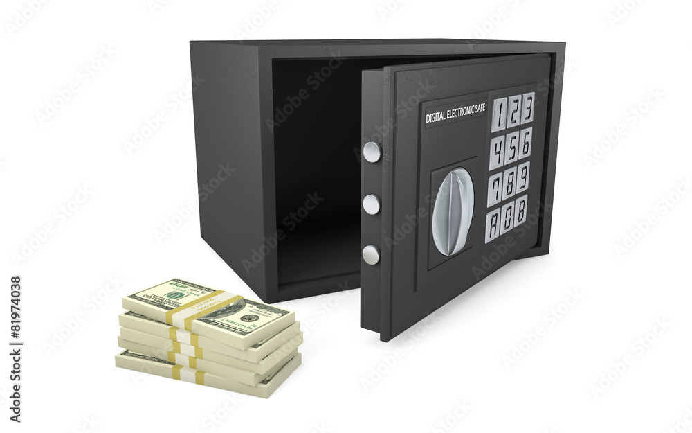 Obraz premium Open electronic safe with stack of money isolated on white