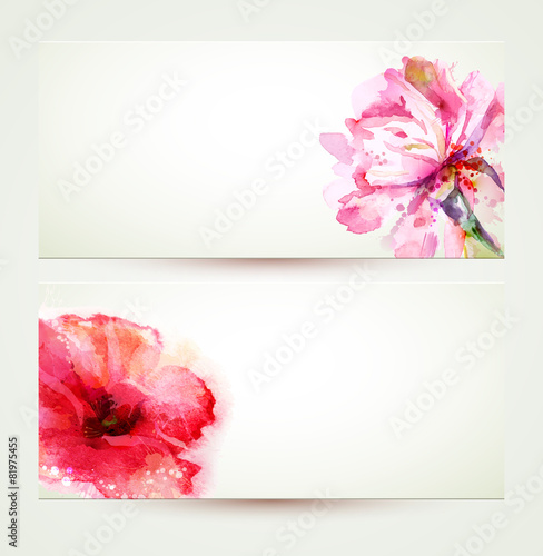 Two banners of flowering pink peony and poppy.