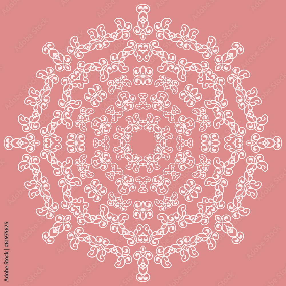 Round white ornate pattern on pink background Round white ornate pattern on pink background