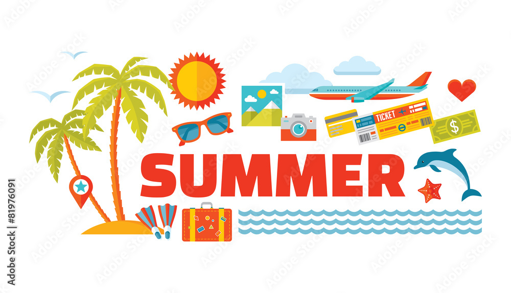 Summer travel - vector logo word with icons in flat style.
