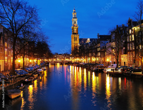 Evening view on the Western church in Amsterdam
