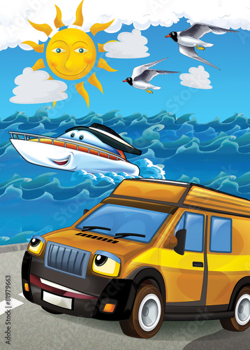 The car and the boat - illustration for the children