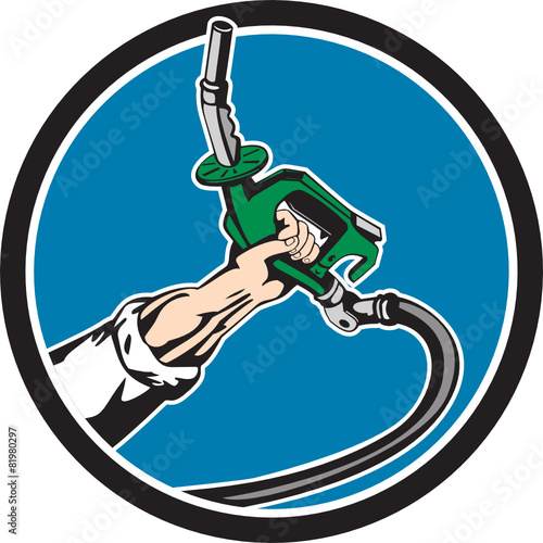 Hand Holding Gas Pump Nozzle Circle Retro