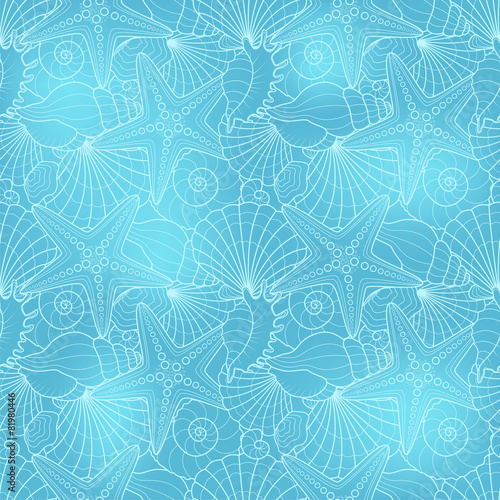 Seamless background with starfish and seashells with blue colour