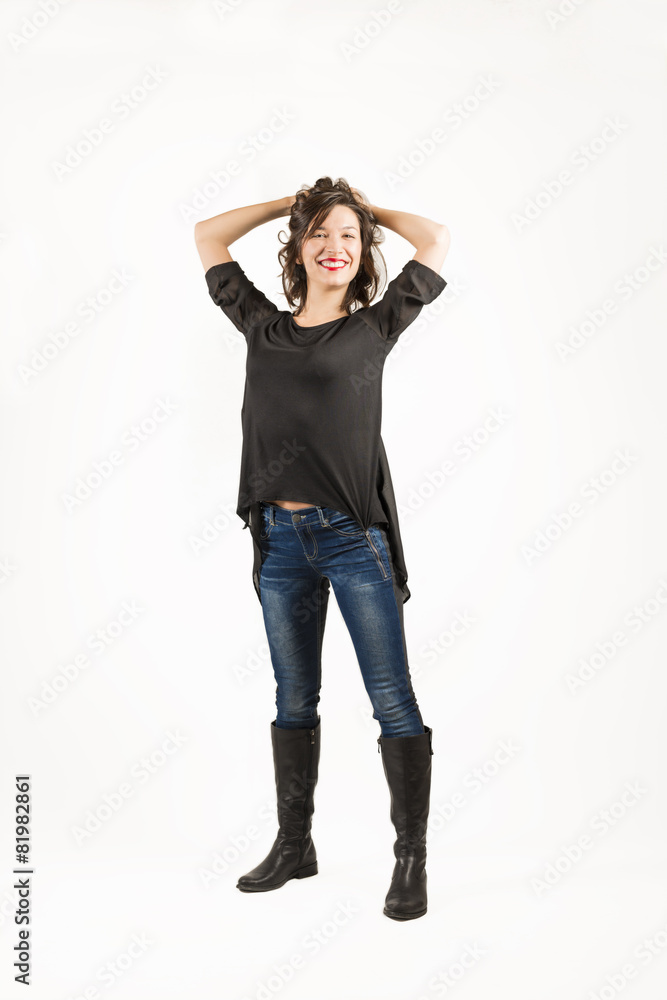 Full length of attractive young woman posing on white Full length of attractive young woman posing on white