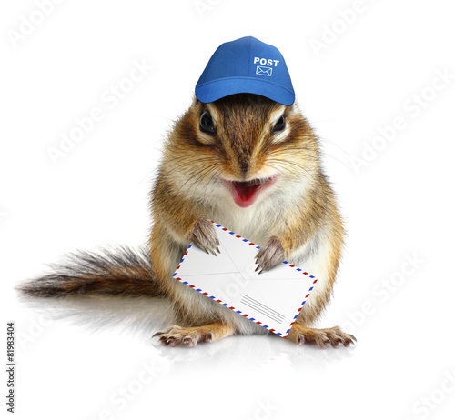 comical chipmunk postman hold mail envelope, on white