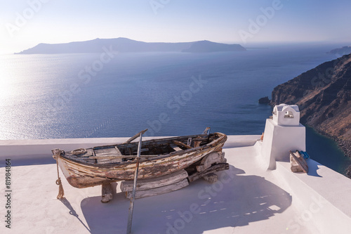 Rowing boat on a roof, Santorini, Greece
