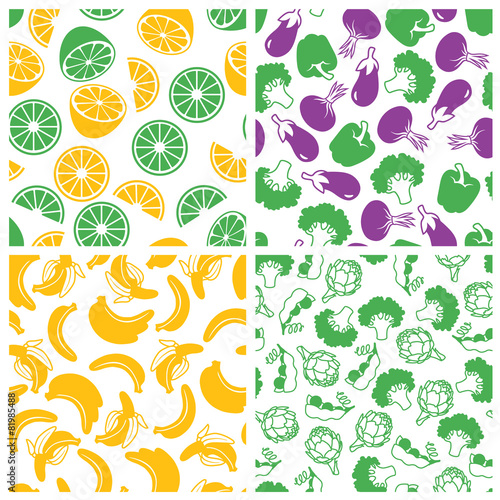 Set of seamless patterns of fruits and vegetables.