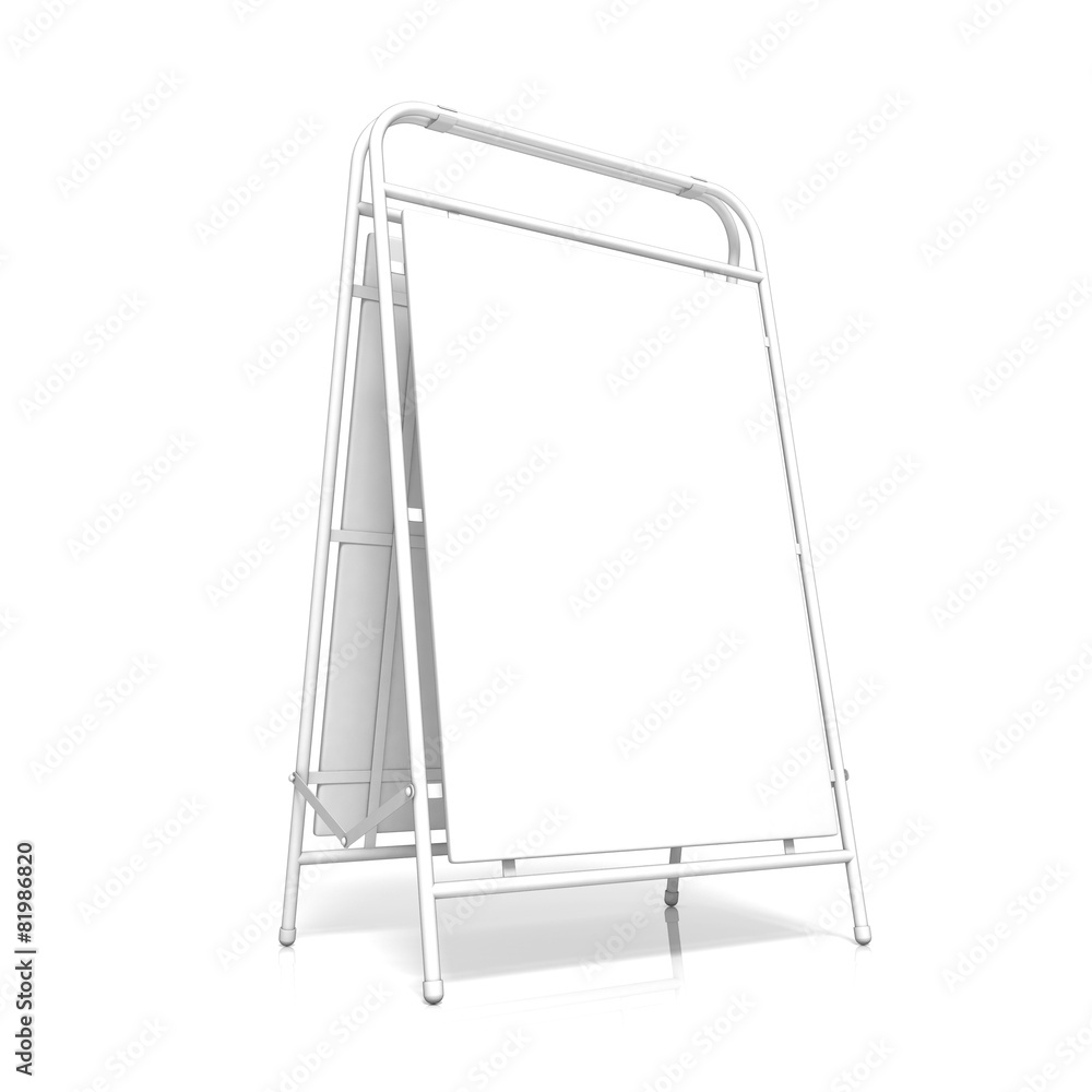 White advertising stand, with copy space board. Side view White advertising stand, with copy space board. Side view