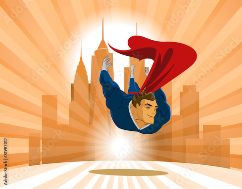 Superhero flies low over the earth on the city background