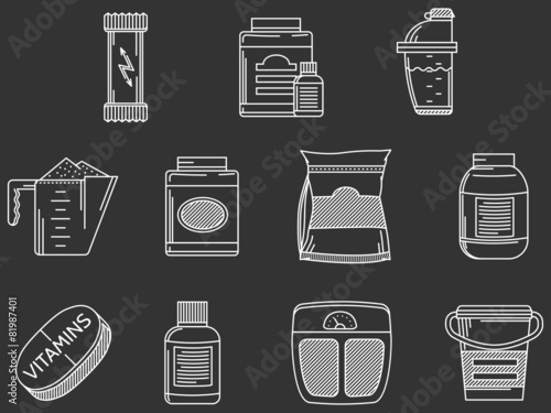 Sports supplements white line vector icons set