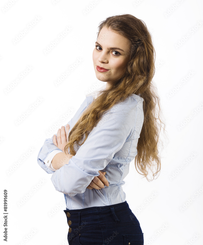 Portrait of a beautiful smiling young woman dressed in a blue sh Portrait of a beautiful smiling young woman dressed in a blue sh