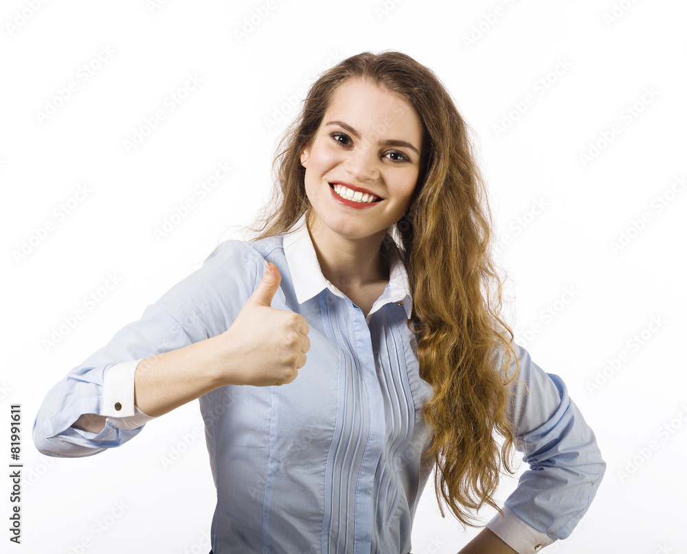 Portrait of a beautiful smiling young woman dressed in a blue sh Portrait of a beautiful smiling young woman dressed in a blue sh