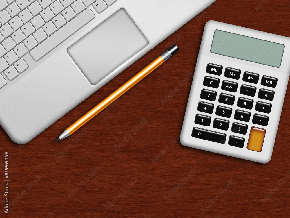 laptop, calculator and pencil lying on wooden desk in office laptop, calculator and pencil lying on wooden desk in office