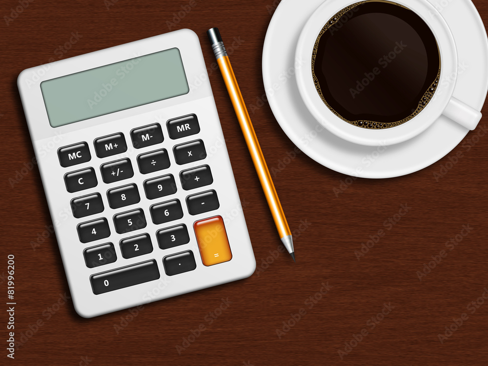 coffee calculator and pencil lying on wooden desk in office coffee calculator and pencil lying on wooden desk in office