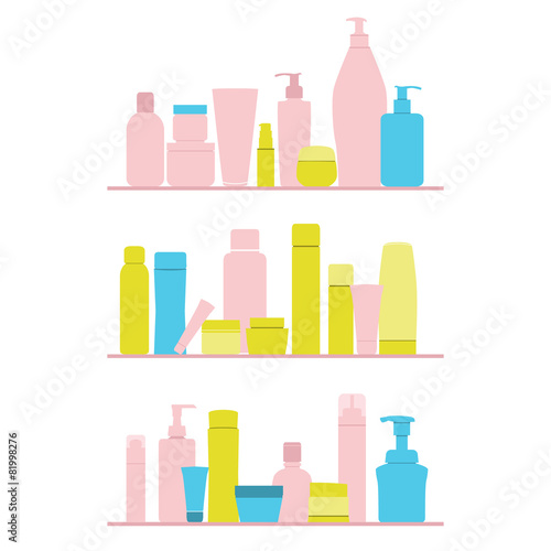 set of cosmetic bottles on shelf